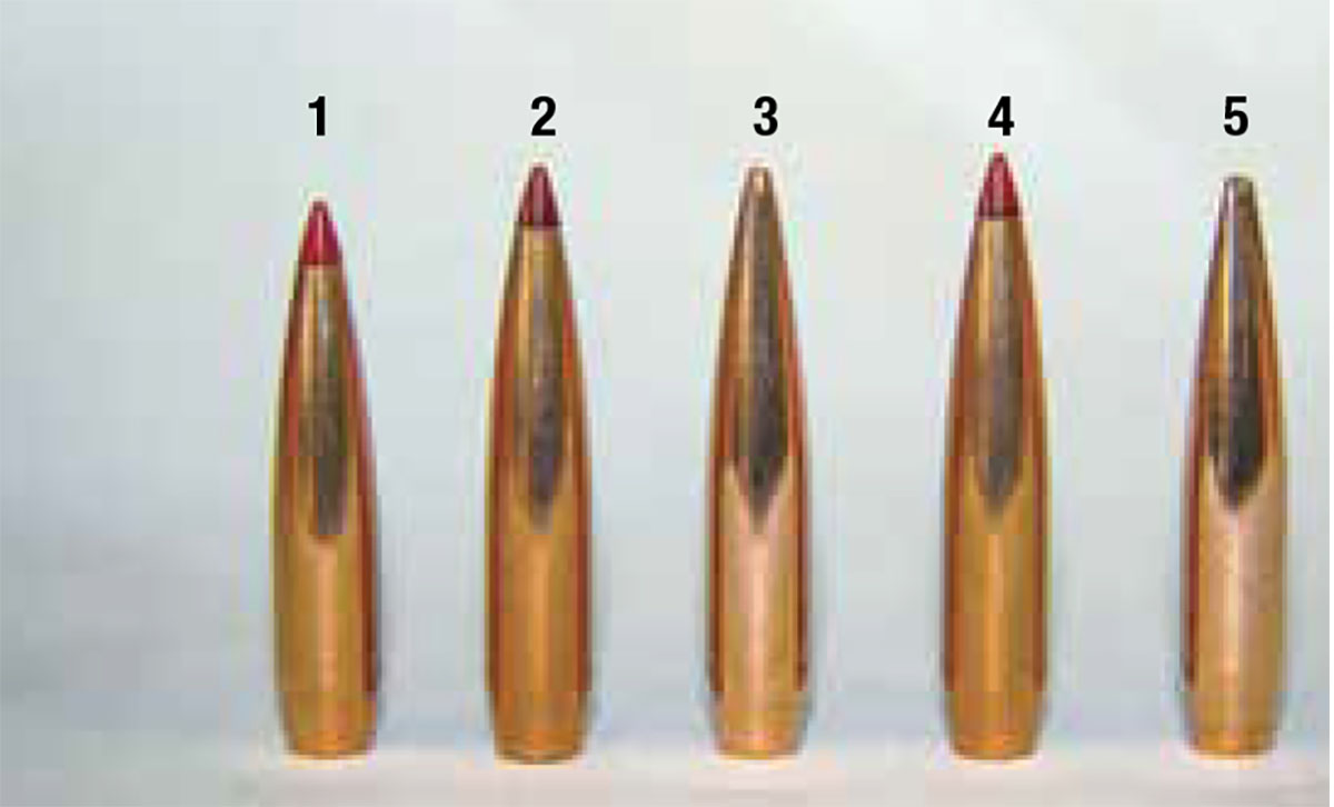 Bullets used to assemble handloads for testing in the short-action Fence Line chambered in 25 Creedmoor included: (1) Hornady’s 95-grain ELD-VT, (2) Hornady’s 128-grain ELD-X, (3) Berger’s 133-grain Elite Hunter, (4) Hornady’s 134-grain ELD Match and (5) Berger’s 135-grain LR Hybrid Target.